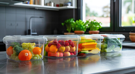 Wall Mural - Closeup of transparent food containers with fresh fruits and vegetables on the kitchen counter, ready for a meal in the style of modern home interior background.