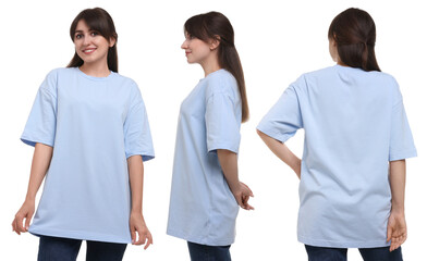 Wall Mural - Woman wearing light blue t-shirt on white background, collage of photos. Front, back and side views