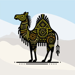 Wall Mural - This is a geometric illustration of a camel stylized with a black outline and decorated with gold and brown geometric patterns.