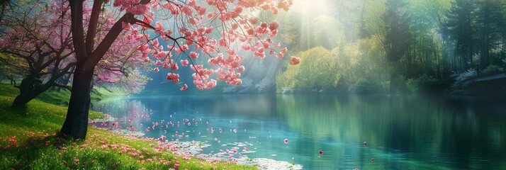 Colorful tree by lake with Spring woods