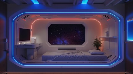 Wall Mural - Interior of a sleeping pod of a spaceship with neon strip lights, minimalsit design