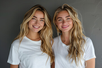 Wall Mural - Blonde women wearing white t-shirt smile having a good time together