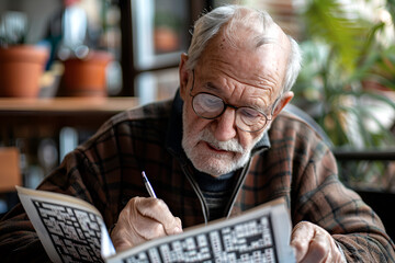 Elderly man doing crossword puzzle at table with office items and papers