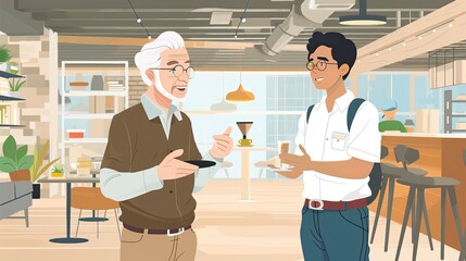 n elderly Caucasian consultant providing mentorship to a young Hispanic entrepreneur in a modern coffee shop within an office complex