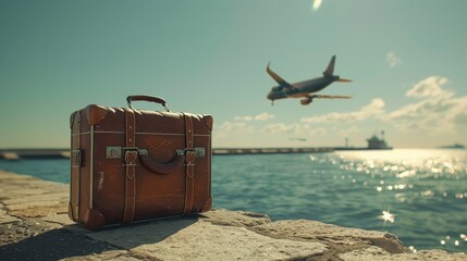 A photo of a seaside view with a suitcase in the foreground, an airplane in the background, in bright day, summer, hot day, sunny day with a wide-angle lens