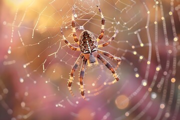 Spider in a spider web, intricate spinner, detailed close-up, glistening silk strands, morning dew, 