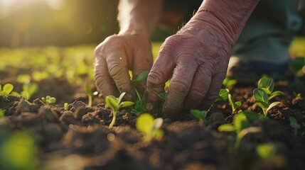 Farmer's hands working in field planting baby sprout of crops