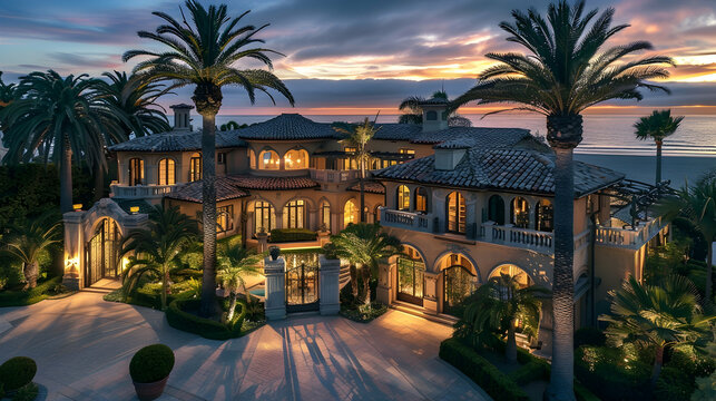 Grand coastal mansion with softly glowing interiors, surrounded by palm trees and ocean views