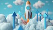 © Mark - Launching a rocket among clouds and ascending arrows, concept image for business start up and growth. Stock Artificial Intelligence.