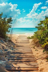 Walkway at sandy beach leading tropical sea with grass