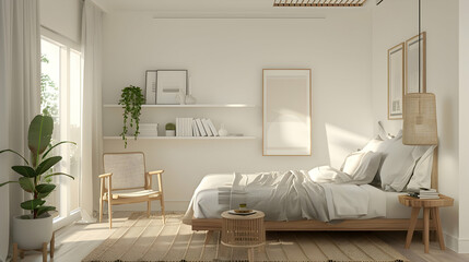 Wall Mural - Scandinavian-inspired bedroom featuring a light wood bed, a cozy armchair, a minimalist shelf, and white walls