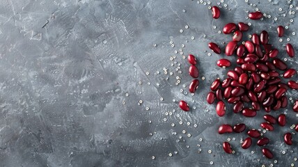 Scattered red beans on textured gray surface with white seeds