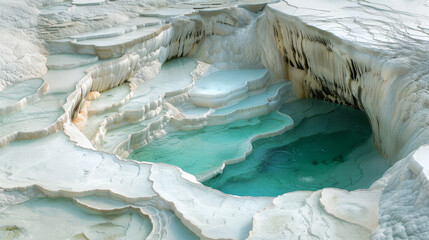 Wall Mural - Photo of Pamukkale, in Turkey, terraces made from white salt and blue water pools in the style of terraces