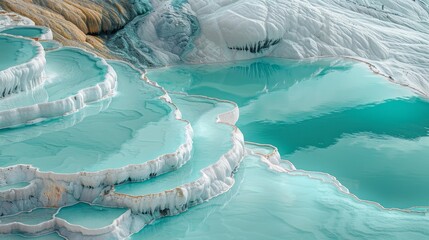 Photo of Pamukkale, in Turkey, terraces made from white salt and blue water pools in the style of terraces