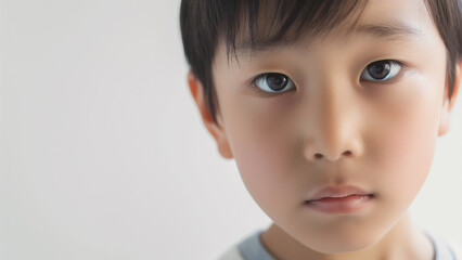 6 years old Asian male, sad or blank expression, copy space