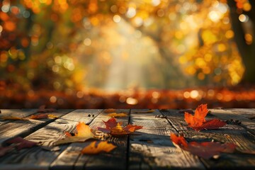 Wall Mural - Fall Table. Autumn Nature Background with Wooden Table and Leaf Plank