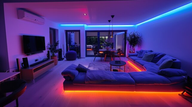 A chic basement sanctuary bathed in the glow of LED strips, featuring a stylish sofa and a high-definition TV