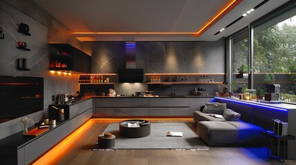 Sticker - Design a sleek and modern kitchen with a TV built into the cabinetry and LED strips installed along the