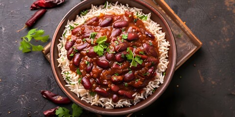 Wall Mural - Traditional Indian Red Bean Dish Overhead Shot of Rajma Chawal. Concept Food Photography, Indian Cuisine, Overhead Shot, Traditional Dish, Red Beans