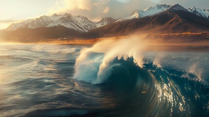 Large wave crashing on beach with mountains in the background during golden sunset.