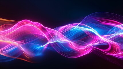 Canvas Print - Abstract neon wave patterns with vibrant pink and blue colors on a dark background.