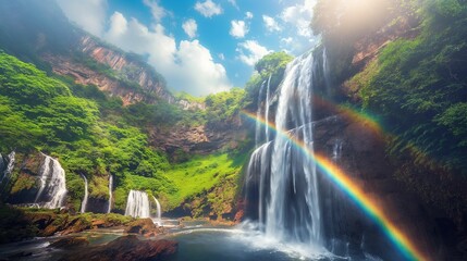 Canvas Print - Waterfall cascading down a green cliff with a rainbow arching over the landscape under a blue sky with clouds.