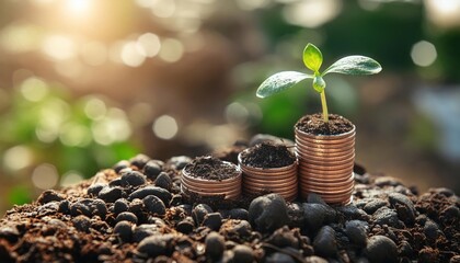 A seedling is growing on a coin lying on the ground. Green investment concept ,Rising money to invest. financial growth concept