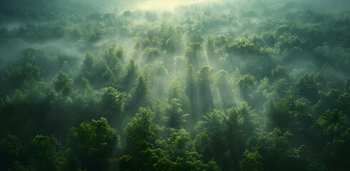 Breath-taking Aerial Photograph of the Jungle. Atmospheric Wilderness Photo. Nature Background. Aerial view of a dense forest with sunlight filtering through the canopy. Concept of nature and tranquil
