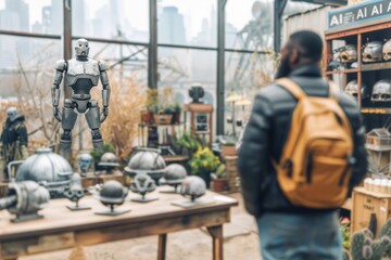 Wall Mural - AI Robot in a Modern Agricultural Facility with Greenhouse Plants