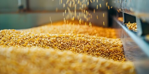 Organic golden-yellow rice grains being sorted by a hopper machine onto a conveyor belt. Concept Agricultural Technology, Food Processing, Machinery, Harvesting Techniques