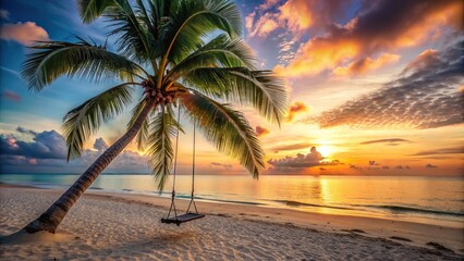 Sticker - Tranquil sunset scene on a sandy beach with swing attached to a palm tree , Tropical, ocean, swing, palm tree, beach