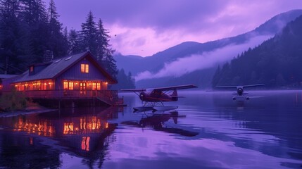 Wall Mural - Lakeside tranquility Illustrate an airplanes shadow drifting over a tranquil lake at dawn, with mist rising from the waters surface