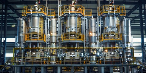Chemical plant with mixing vessels and purification systems ready for production. Concept Chemical Plant, Mixing Vessels, Purification Systems, Production Readiness, Manufacturing Operations