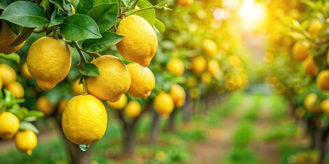 Close-up of ripe lemon plants in a lemon farm field with blurred lemon trees in the background