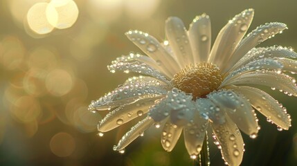Wall Mural - close-up of a daisy flower with dewdrops on the petals, backlit by the sun.