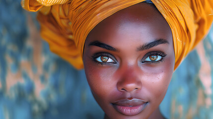 Wall Mural - Close portrait of young beautiful African woman wearing yellow turban.