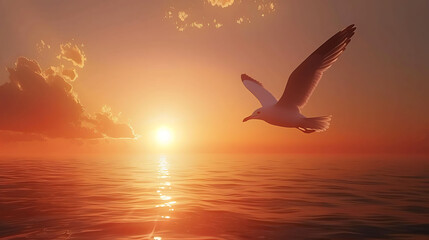 Wall Mural - cute sea birds flying in the sunset evening sky