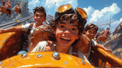 Wall Mural - Theme Park Thrills Illustrate the exuberance of a family enjoying a day of thrilling rides and attractions at