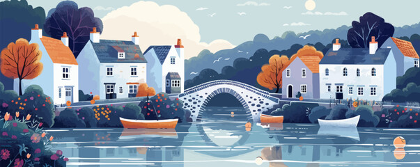 Wall Mural - Tranquil riverside village with charming cottages, a stone bridge, and fishing boats on the water. Vector flat minimalistic isolated illustration.