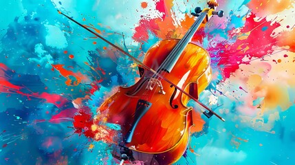 Wall Mural - A painting of a cello with colorful paint splashes.