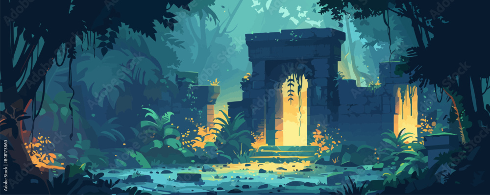 Mystical ancient ruins hidden in the jungle, with overgrown vegetation ...