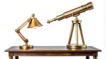 Wall Mural - Vintage brass telescope and old desk lamp isolated in a studio with white background,  rendering, telescope, brass