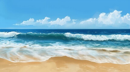 Canvas Print - Create a serene beach background with golden sands and gentle waves under a clear blue sky.