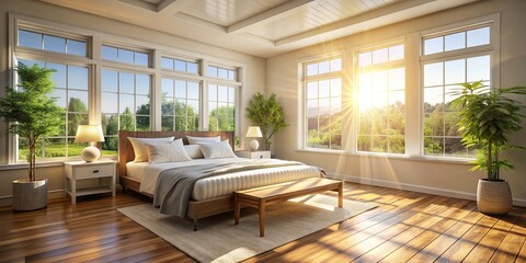 Wall Mural - Bright and airy bedroom with sunlight streaming in through the window , sunlight, bedroom, interior, cozy