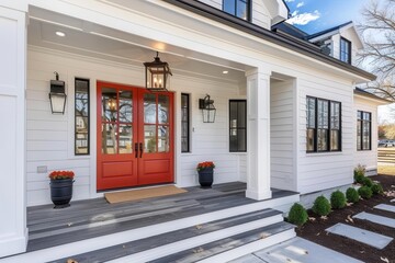 Wall Mural - modern white farmhouse with red front door and black light fixtures exterior home design