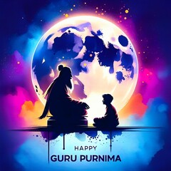 Wall Mural - Watercolor illustration for Guru Purnima with a silhouette of guru and disciple.