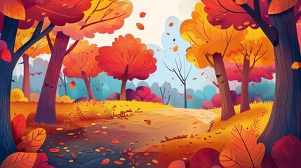 Design a cozy, autumnal forest background with trees showcasing vibrant fall colors and a leaf-strewn path.