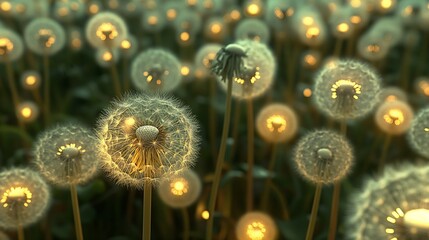 Wall Mural - A field of 3D glowing dandelions, with each seed head casting light and shadows.