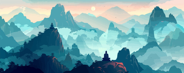 Wall Mural - Mystical mountain shrine hidden among misty peaks, with ancient statues and sacred symbols. Vector flat minimalistic isolated illustration.