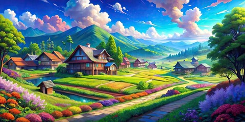 Wall Mural - Vibrant anime countryside landscape with colorful elements and impressionistic touches, anime, countryside